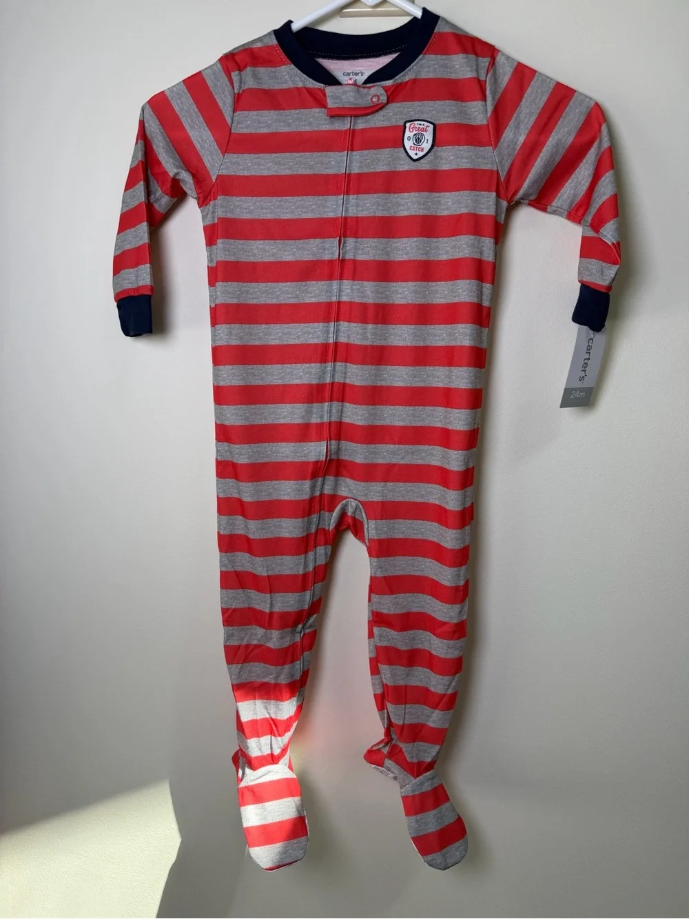 Carter's Red & Gray Striped Footed One-Piece with Navy Trim